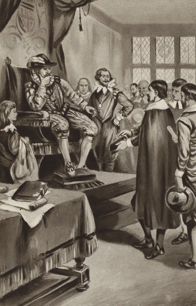 El rey Jacobo VI amenaza a los puritanos con hacerlos conformarse a la Iglesia o expulsarlos del país de English School